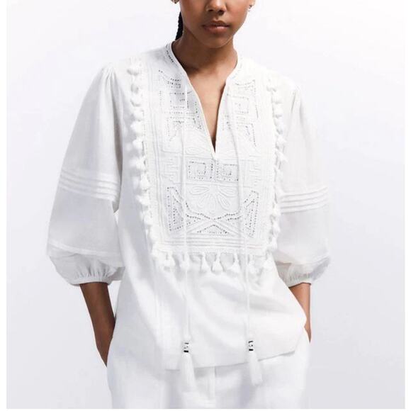 See and Be Seen Tops - See and Be Seen Cotton Blouse White Size Large Silver Embroidery Poms NWT